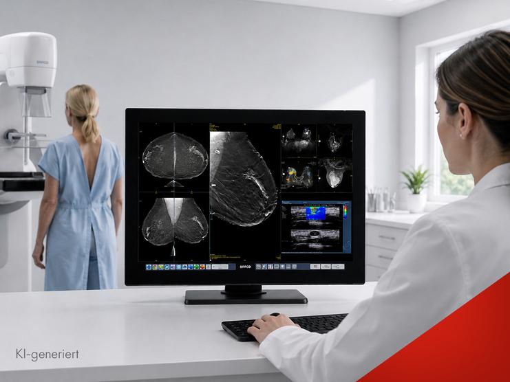 Ärztin betrachtet Mammographie-Bilder auf einem Monitor, während Patientin in Untersuchungsanordnung vor ihr steht.