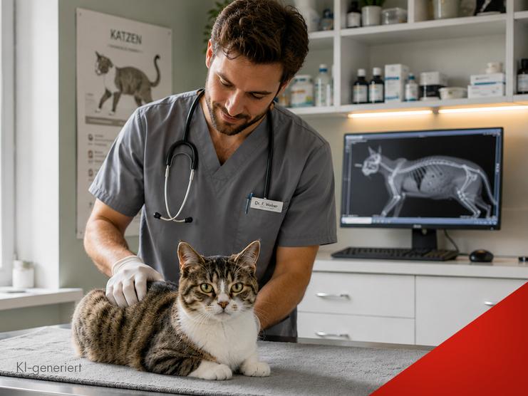 Tierarzt untersucht eine Katze auf einem Tisch, im Hintergrund ein Röntgenbild und Medizinprodukte auf Regalen.