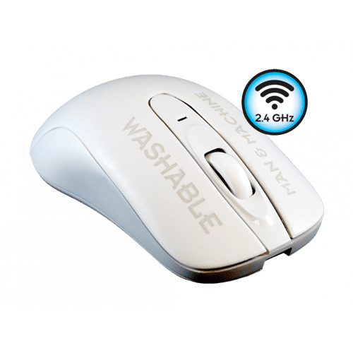 Weiße, waschbare Computermaus mit Scrollrad und kabelloser 2.4 GHz Verbindung.