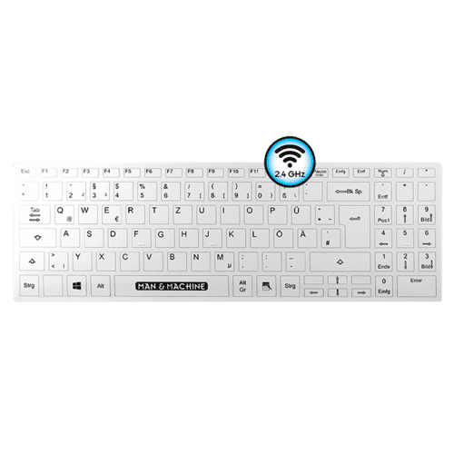 Draufsicht auf eine kabellose weiße Tastatur mit deutschem Layout und 2,4 GHz Symbol.